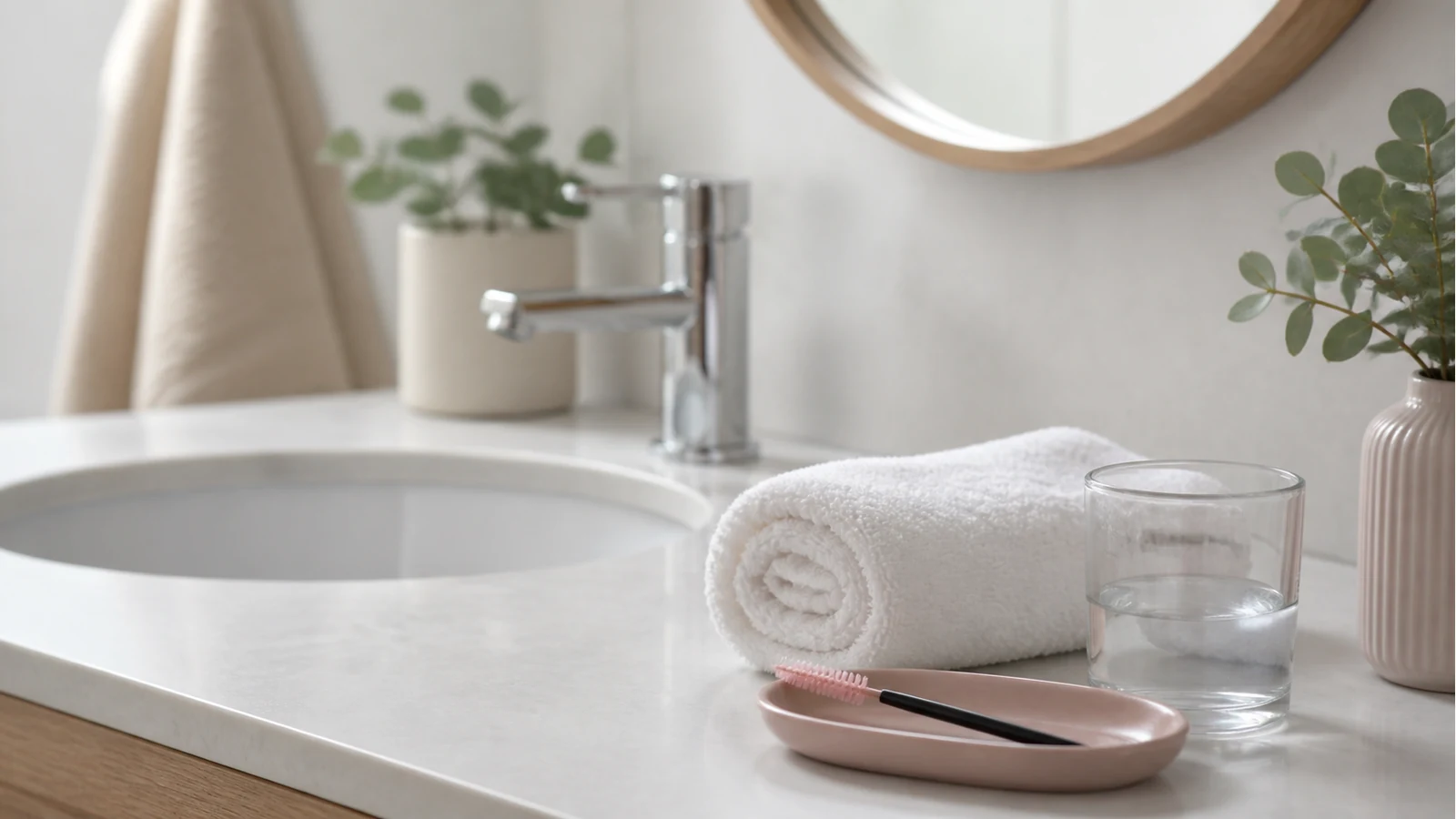 Lash lift aftercare setup with spoolie and clean towel on a UK bathroom vanity