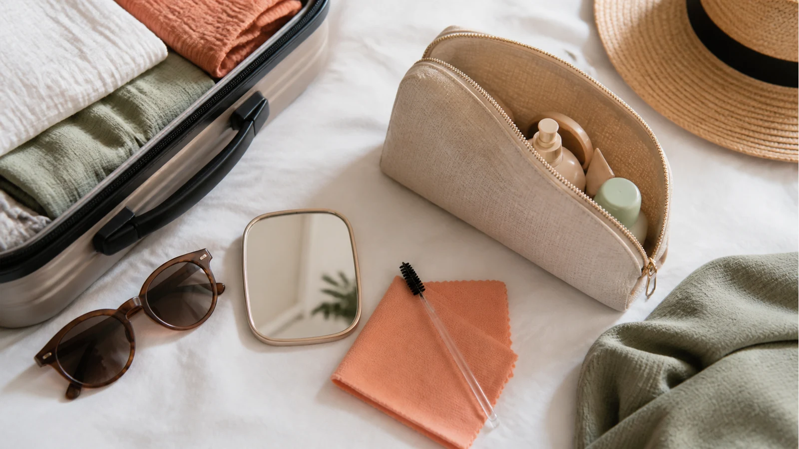 Holiday lash lift planning flat lay with spoolie, sunglasses and toiletry pouch