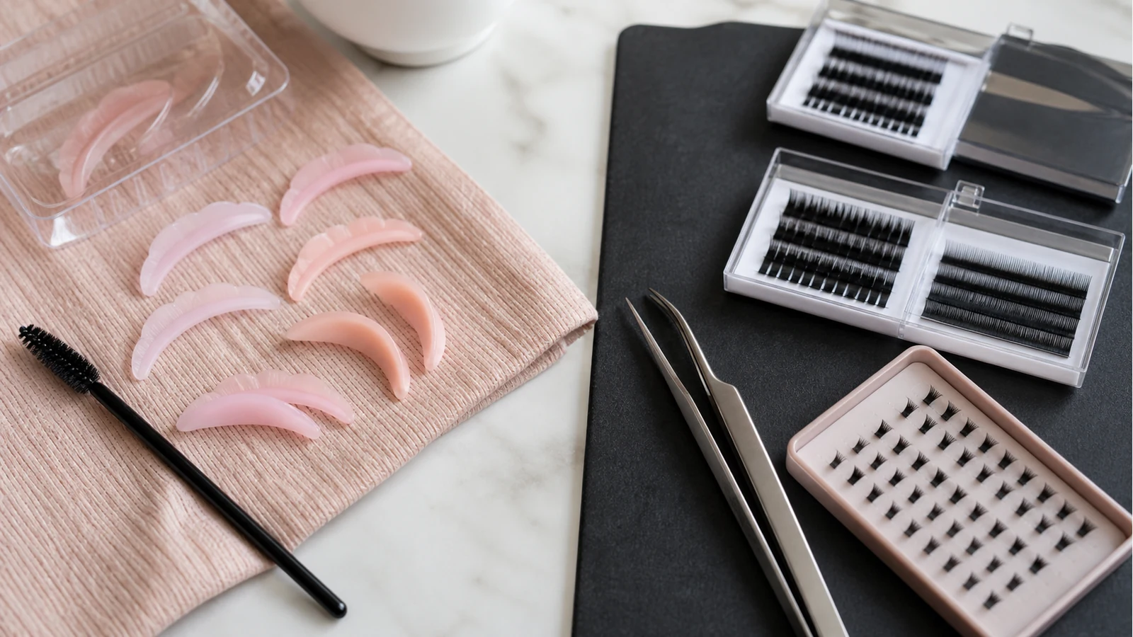 Comparison setup for lash lift and lash extensions on a clean beauty table
