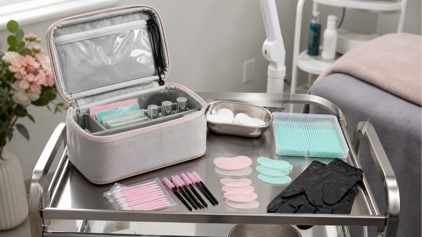Mobile beauty therapist lash lift kit arranged on a treatment trolley